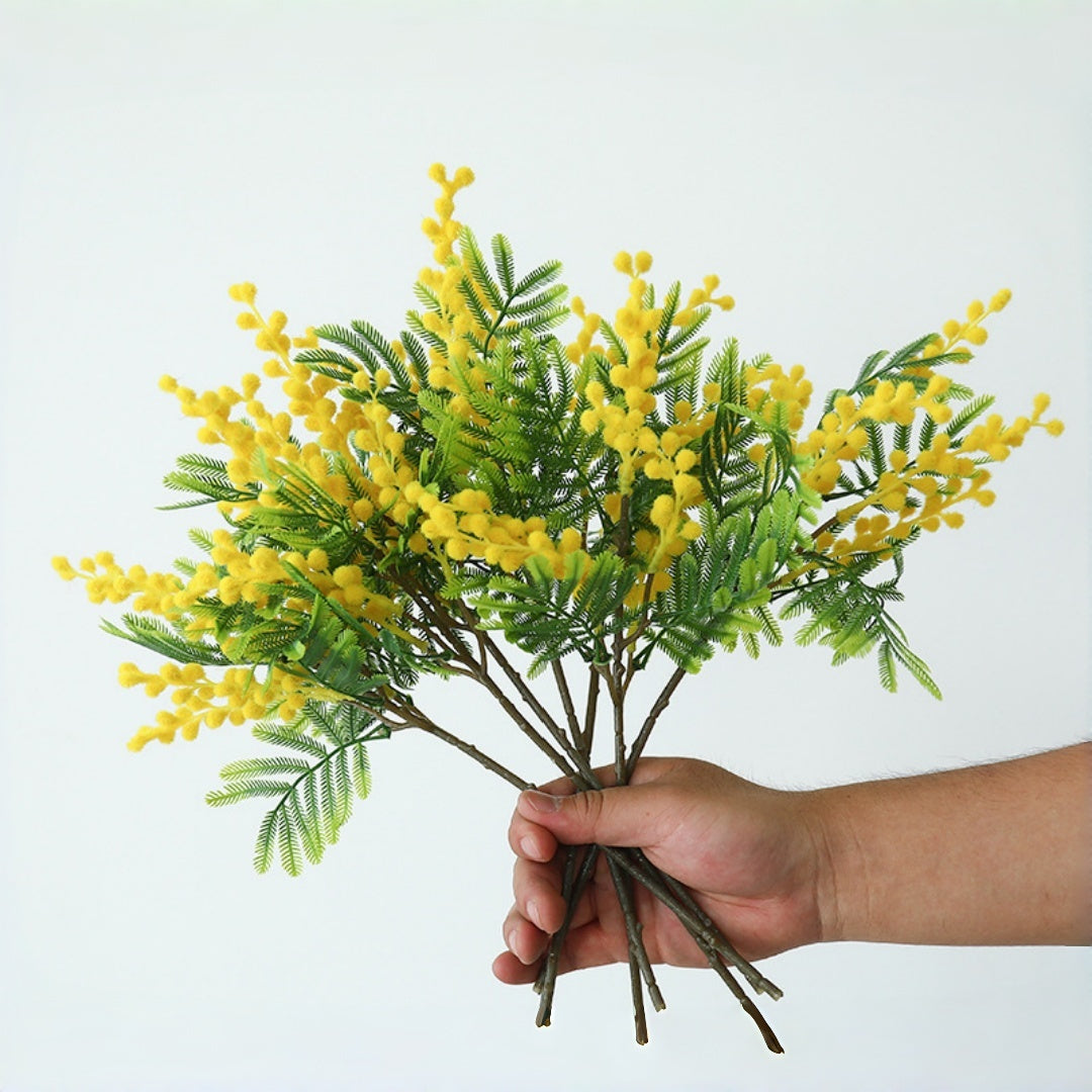 Ramo di Mimosa Artificiale 36 cm, Fiore Finto Giallo per Decorazione Casa, Vaso e Festa della Donna