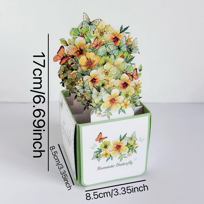 Biglietto di Auguri 3D Pop-Up a Scatola – Fiori Acquerello con Farfalle, Design Romantico e Vintage, 17x8,5 cm
