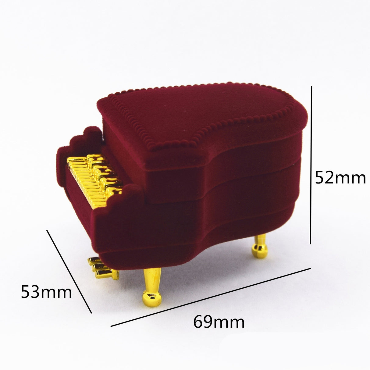 Portagioie a Forma di Pianoforte in Velluto Bordeaux, Astuccio Elegante per Anelli e Collane, 69x53x52mm, con Piedini Dorati