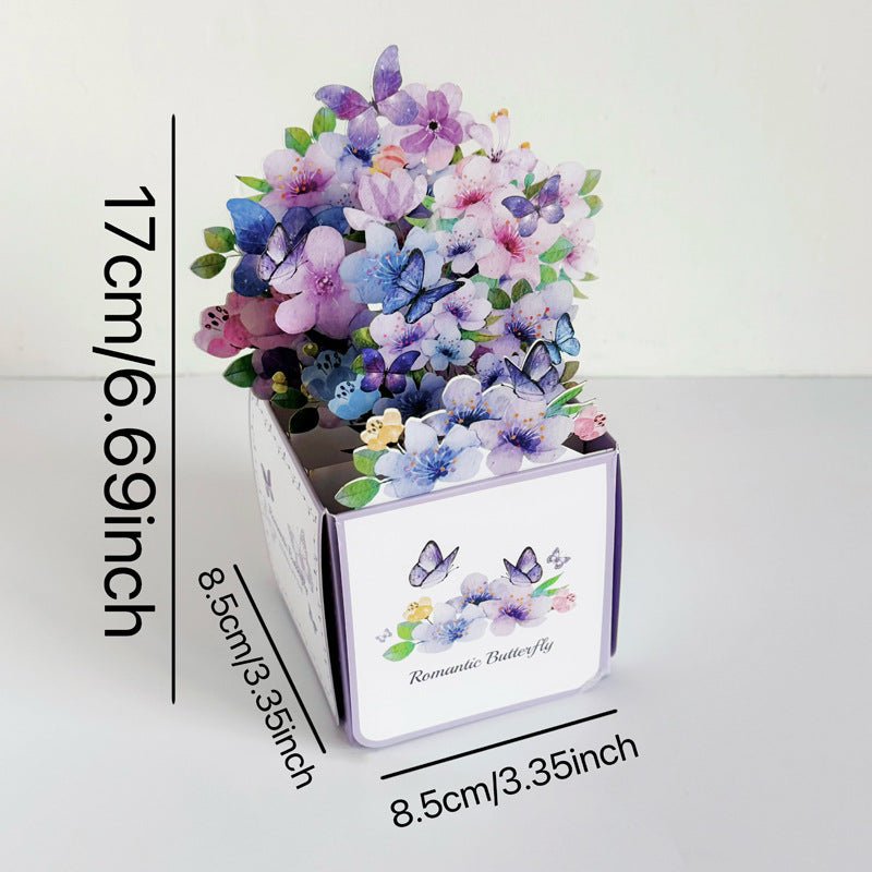 Biglietto di Auguri 3D Pop-Up a Scatola – Fiori Acquerello con Farfalle, Design Romantico e Vintage, 17x8,5 cm