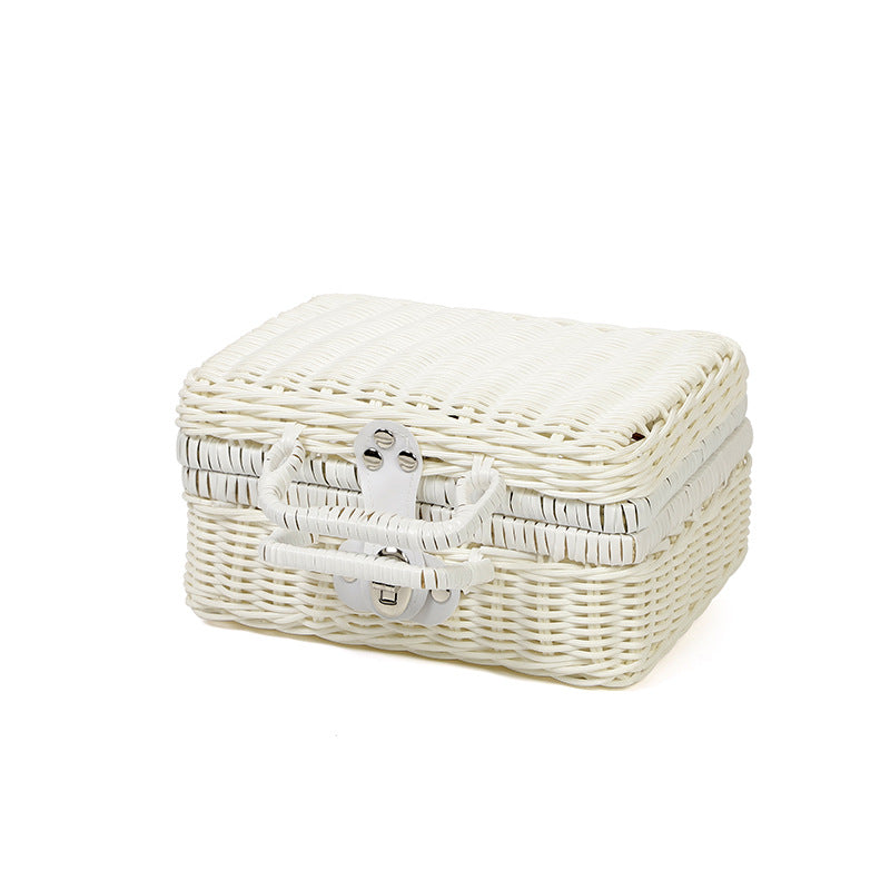 Valigia Scatola Intrecciata in Finta Rattan Effetto Vimini Vintage con Manico, 23x18x12 cm, Porta Regalo Bomboniere, Cestino da Picnic, Decorazione Matrimonio Tema Giardino
