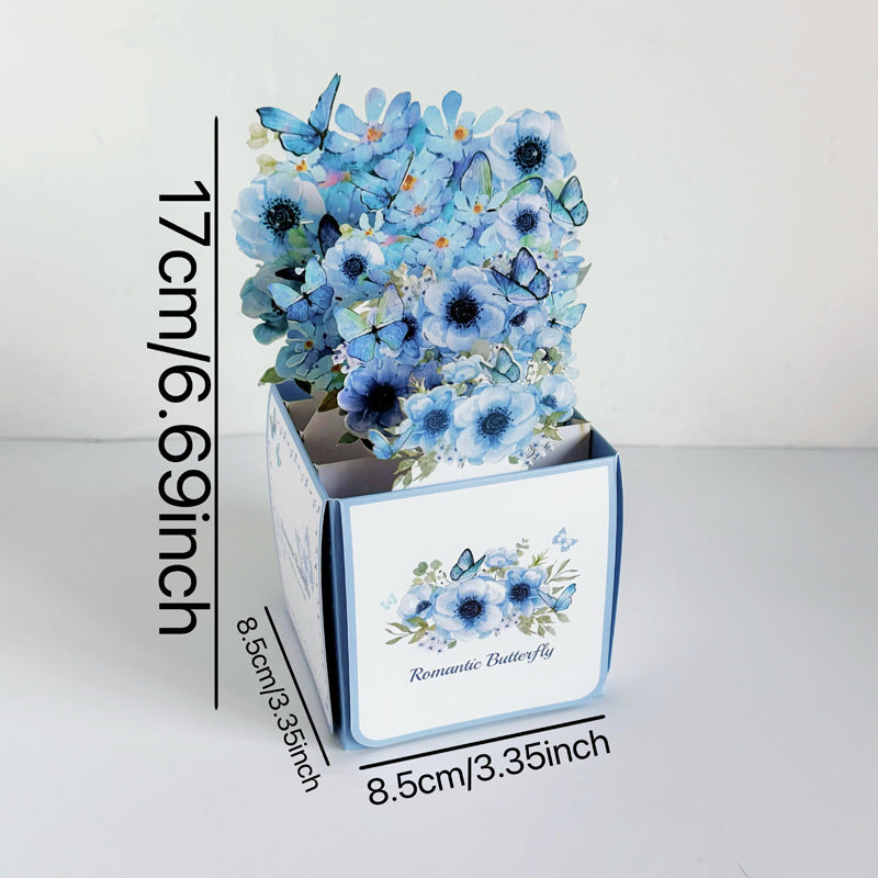 Biglietto di Auguri 3D Pop-Up a Scatola – Fiori Acquerello con Farfalle, Design Romantico e Vintage, 17x8,5 cm