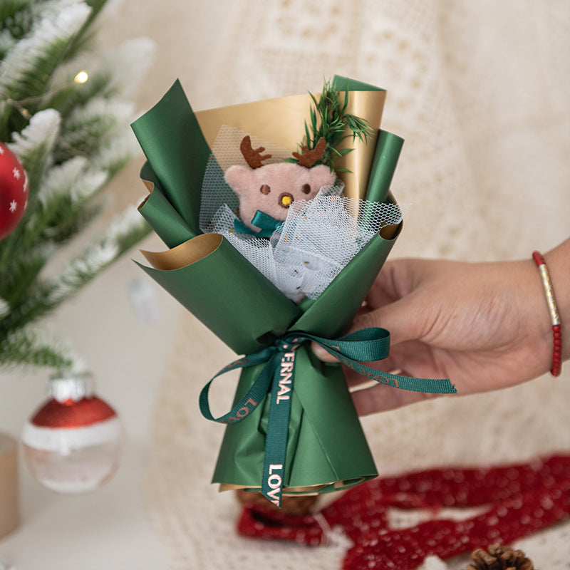 Set di 2 Mini Bouquet Natalizi Decorativi con Babbo Natale e Renna, Confezioni Regalo per Feste con Fiocchi Rosso e Verde, Decorazioni Natalizie per Casa e Ufficio