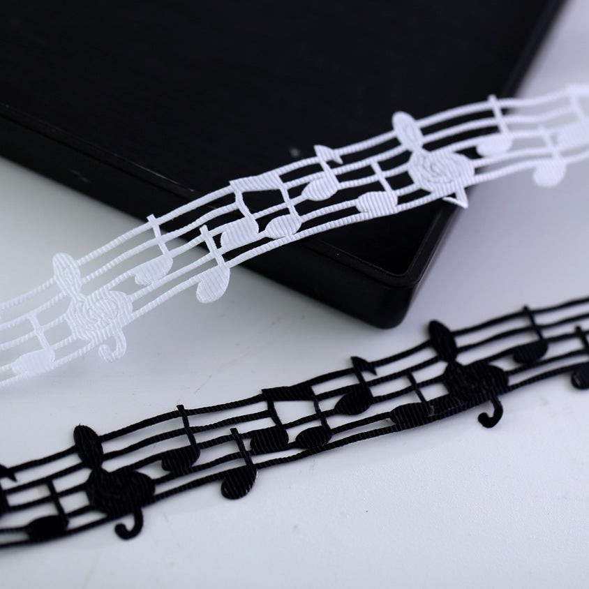 Nastro Decorativo con Note Musicali, Pizzo in Poliestere, Largo 30mm, 10 yard per Rotolo, Merletto Creativo per Artigianato, Festa, Regali, Scrapbooking, Bianco/Nero