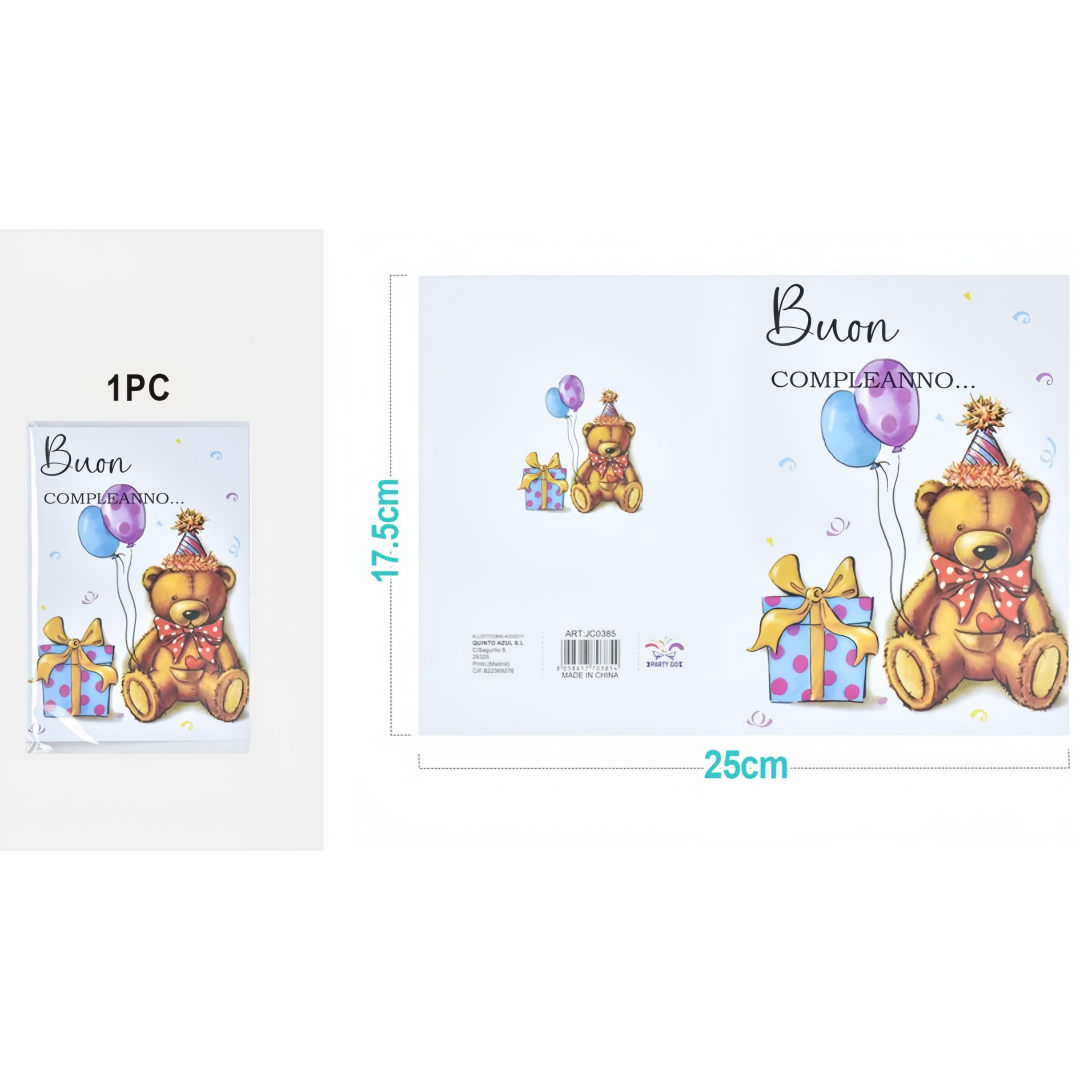 Biglietto di auguri “Buon Compleanno” con orsetto e palloncini – Cartolina di compleanno con busta, design dolce e colorato, 25×17,5 cm