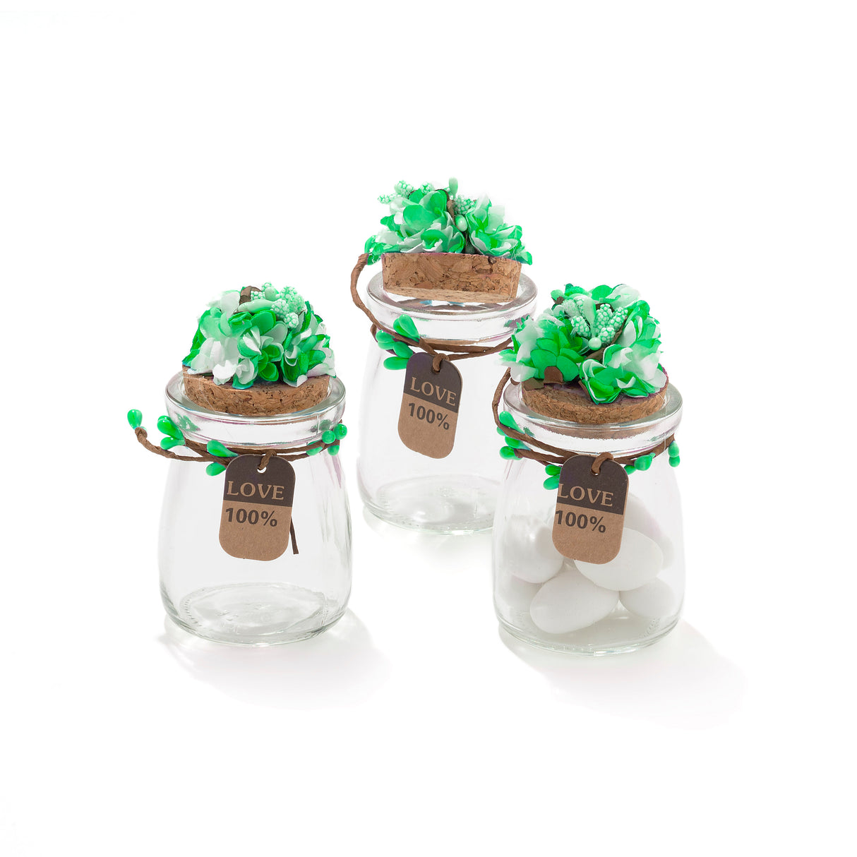 20 Pezzi Barattolo Vetro Con Tappo In Sughero Porta confetti Bomboniera Verde Fiore