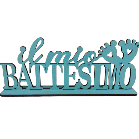 Decorazione Battesimo Legno Blu Scritta Il Mio Battesimo con Piedini – Centrotavola Tavolo Festa Bambino Neonati Maschio