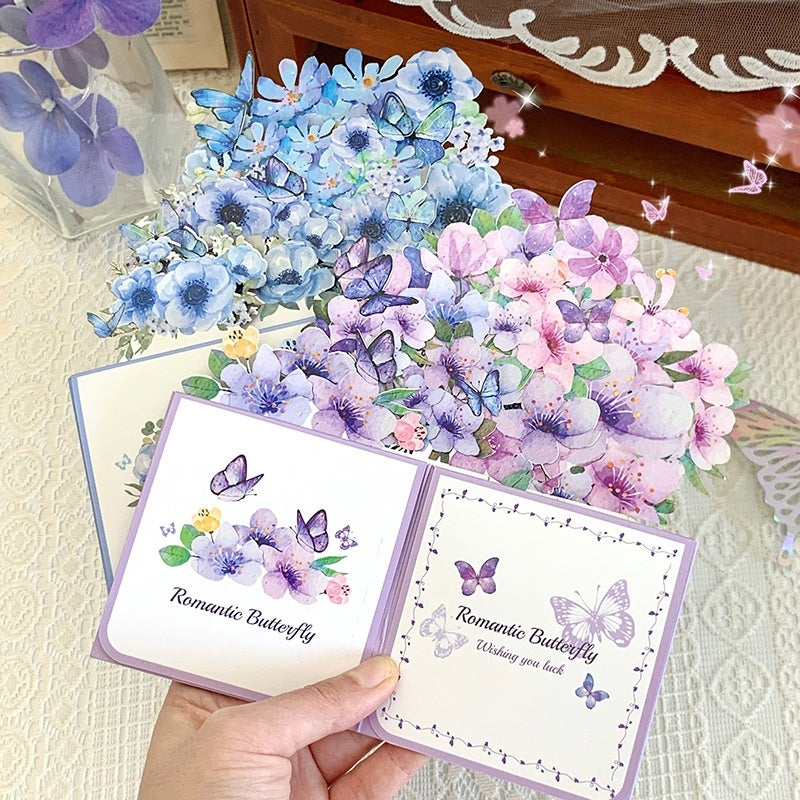 Biglietto di Auguri 3D Pop-Up a Scatola – Fiori Acquerello con Farfalle, Design Romantico e Vintage, 17x8,5 cm
