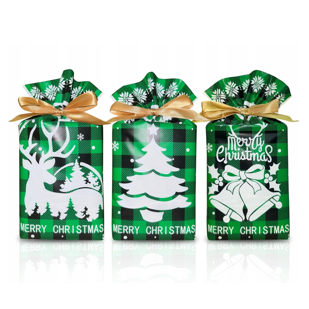 Sacchetti Regalo di Natale, 50 Pezzi Bustine 15×23 cm con Nastro di Raso, Motivo Scozzese Rosso/Verde, Sacchetti in Plastica per Dolci, Biscotti e Piccoli Regali