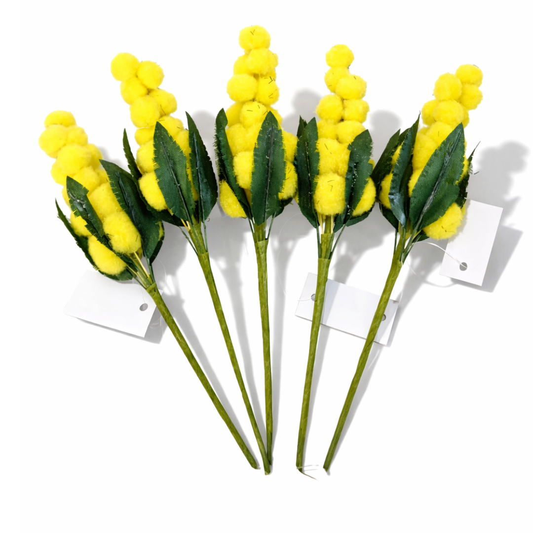 Rametto di Mimosa Artificiale 18 cm – Fiore Giallo Decorativo con Foglie Verdi, Ramo Finto per Decorazioni Casa, Pasqua, Primavera e Festa della Donna, Bouquet e Fai da Te
