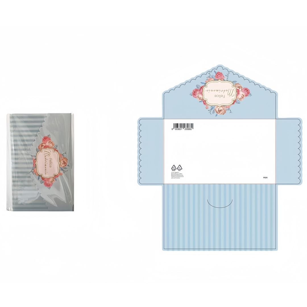 Biglietto portasoldi “Felice Matrimonio” – Busta elegante per regalo di nozze, design floreale azzurro 15,5×9 cm, 1 pezzo