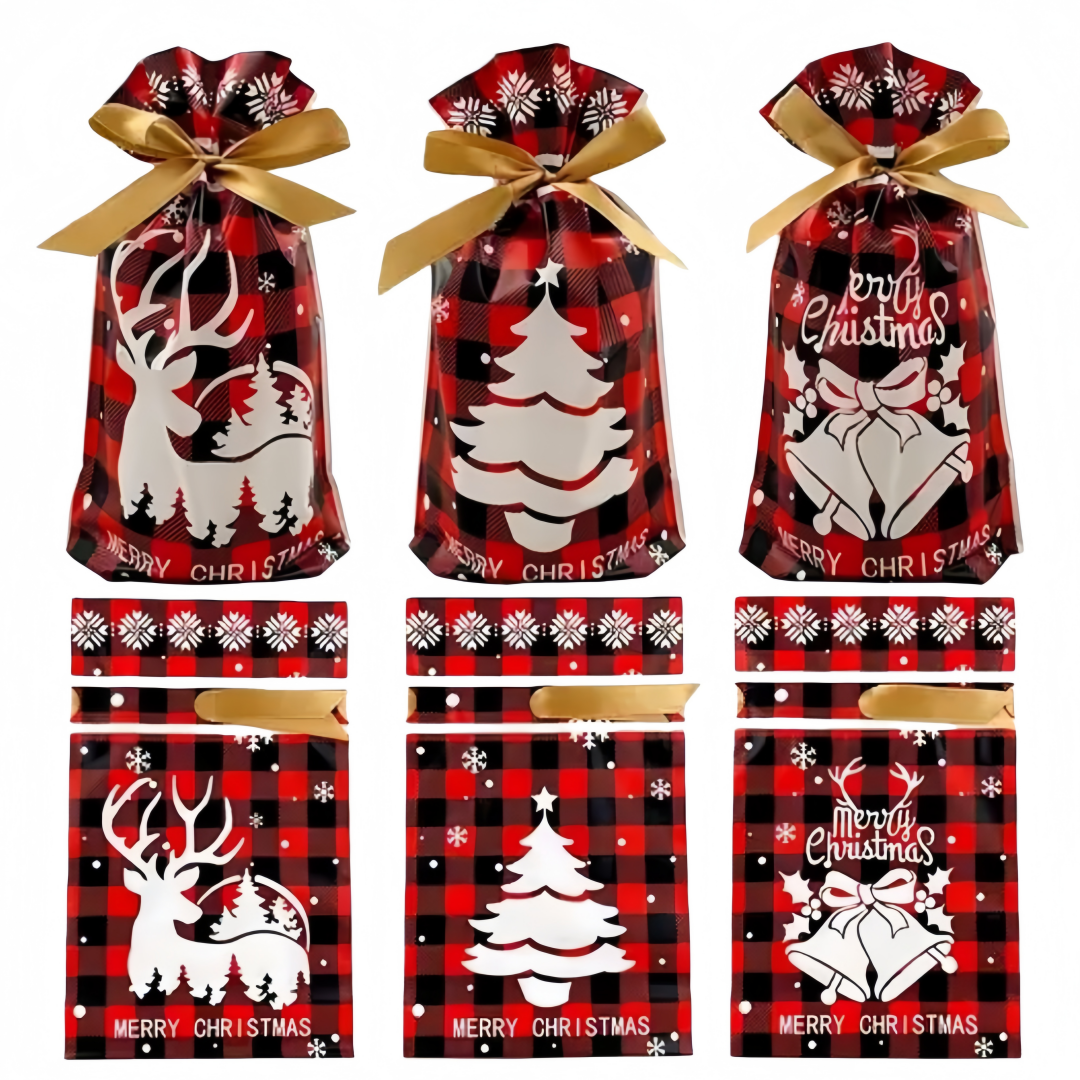 Sacchetti Regalo di Natale, 50 Pezzi Bustine 15×23 cm con Nastro di Raso, Motivo Scozzese Rosso/Verde, Sacchetti in Plastica per Dolci, Biscotti e Piccoli Regali