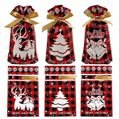 Sacchetti Regalo di Natale, 50 Pezzi Bustine 15×23 cm con Nastro di Raso, Motivo Scozzese Rosso/Verde, Sacchetti in Plastica per Dolci, Biscotti e Piccoli Regali