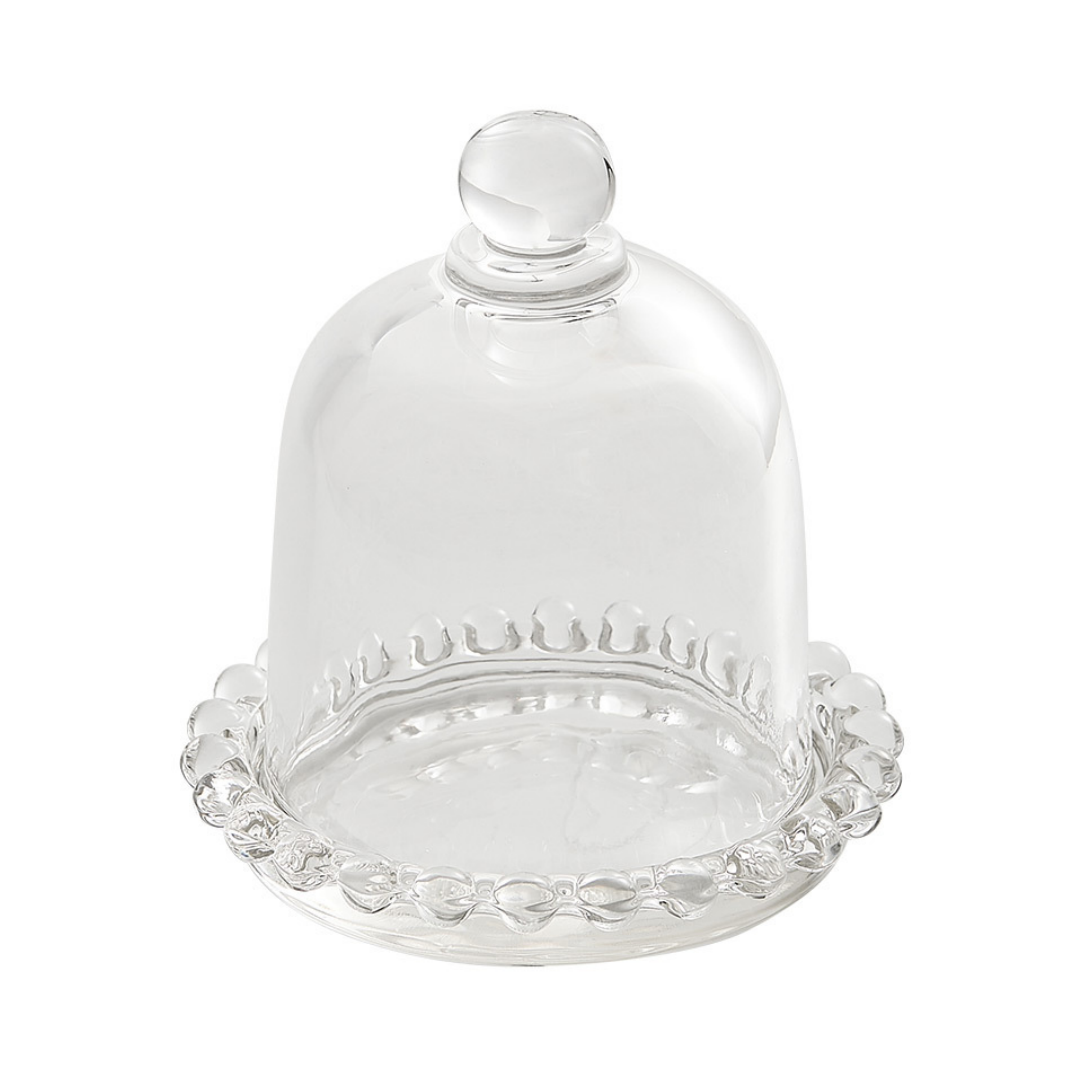 Mini Cupola in Vetro Trasparente con Vassoio Decorato – Mini Campana in Vetro per Dolci, Bomboniere, Fiori Preservati, Decorazioni Tavola, Regali