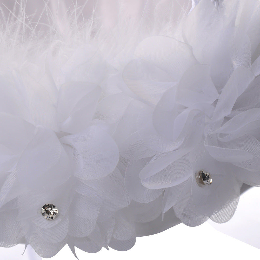 Vinimi Cestino Nuziale Bianco, Decorato con Fiori e Piume, con Manico e Cristalli, per fiori, petali damigelle