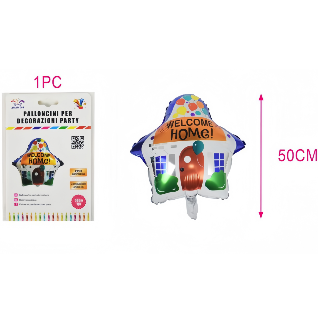 Palloncino “Welcome Home” a forma di casa – 50 cm, pallone in alluminio per decorazioni festa di benvenuto, compatibile con aria o elio